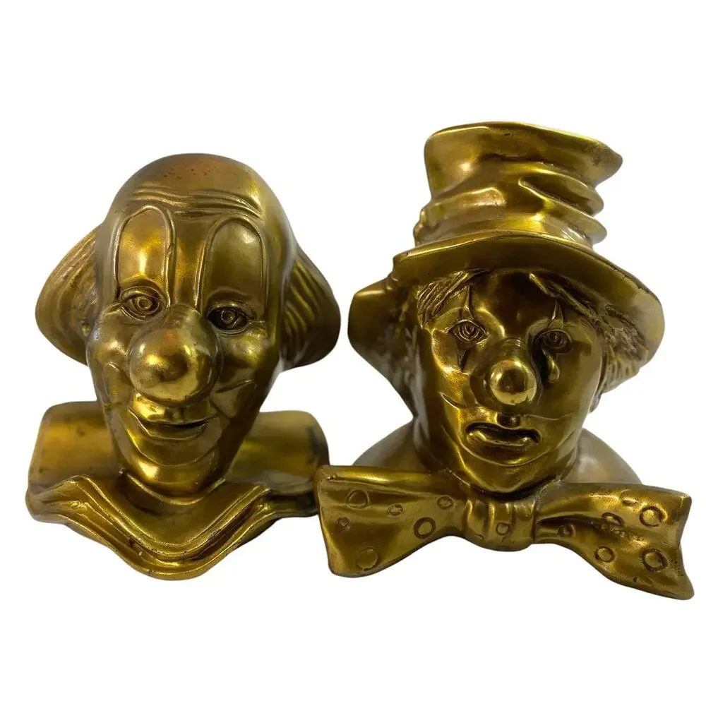Vintage PM Craftsman Brass Clown Bookends Happy Sad Mid Century Circus Decor